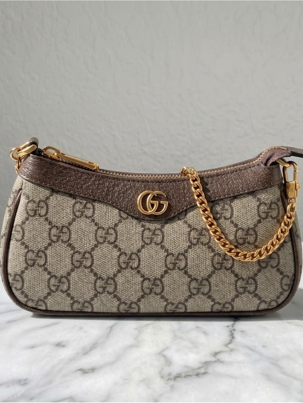 Gucci Beige & Brown GG Supreme Mini Shoulder Bag with Gold Chain
